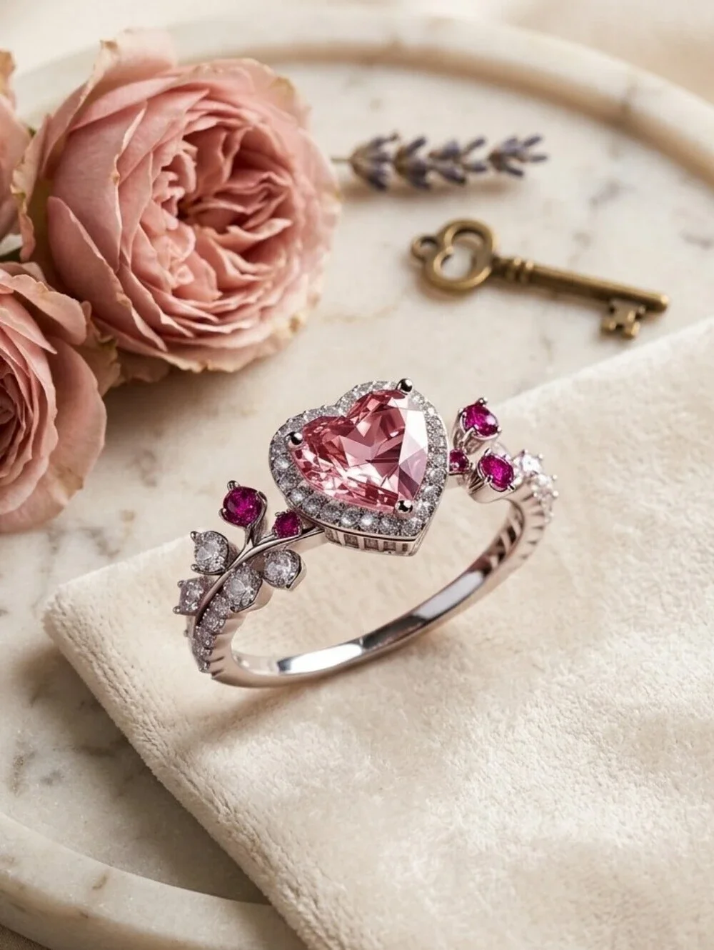 Luxury Pink Heart Zircon Ring Size 7.5 Silver Halo & Floral Band